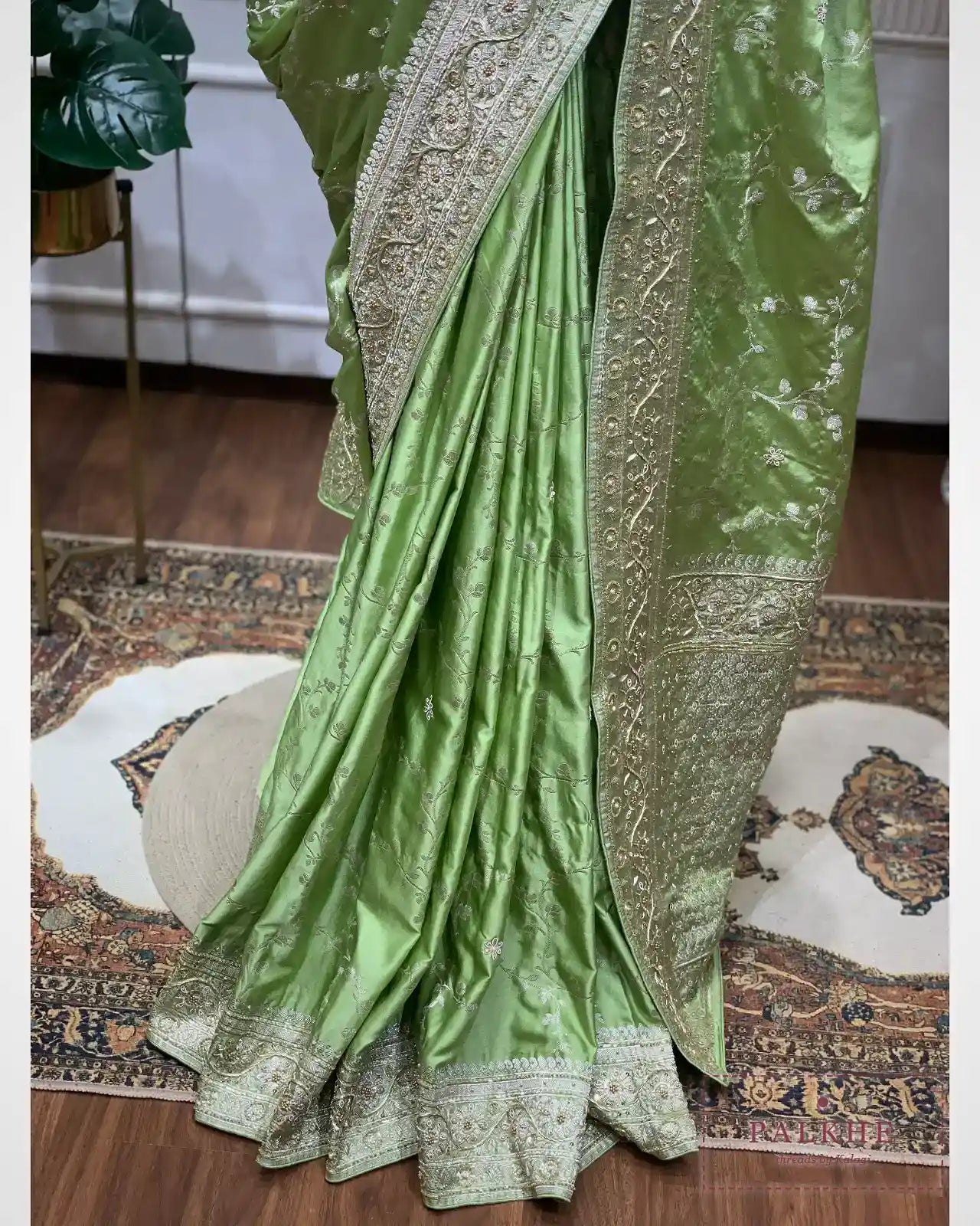 Pastel Green Satin Silk Banarasi x Hand Embroidery