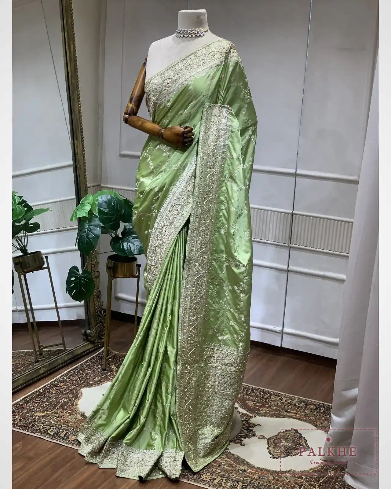 Pastel Green Satin Silk Banarasi x Hand Embroidery