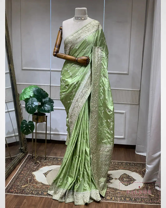 Pastel Green Satin Silk Banarasi x Hand Embroidery