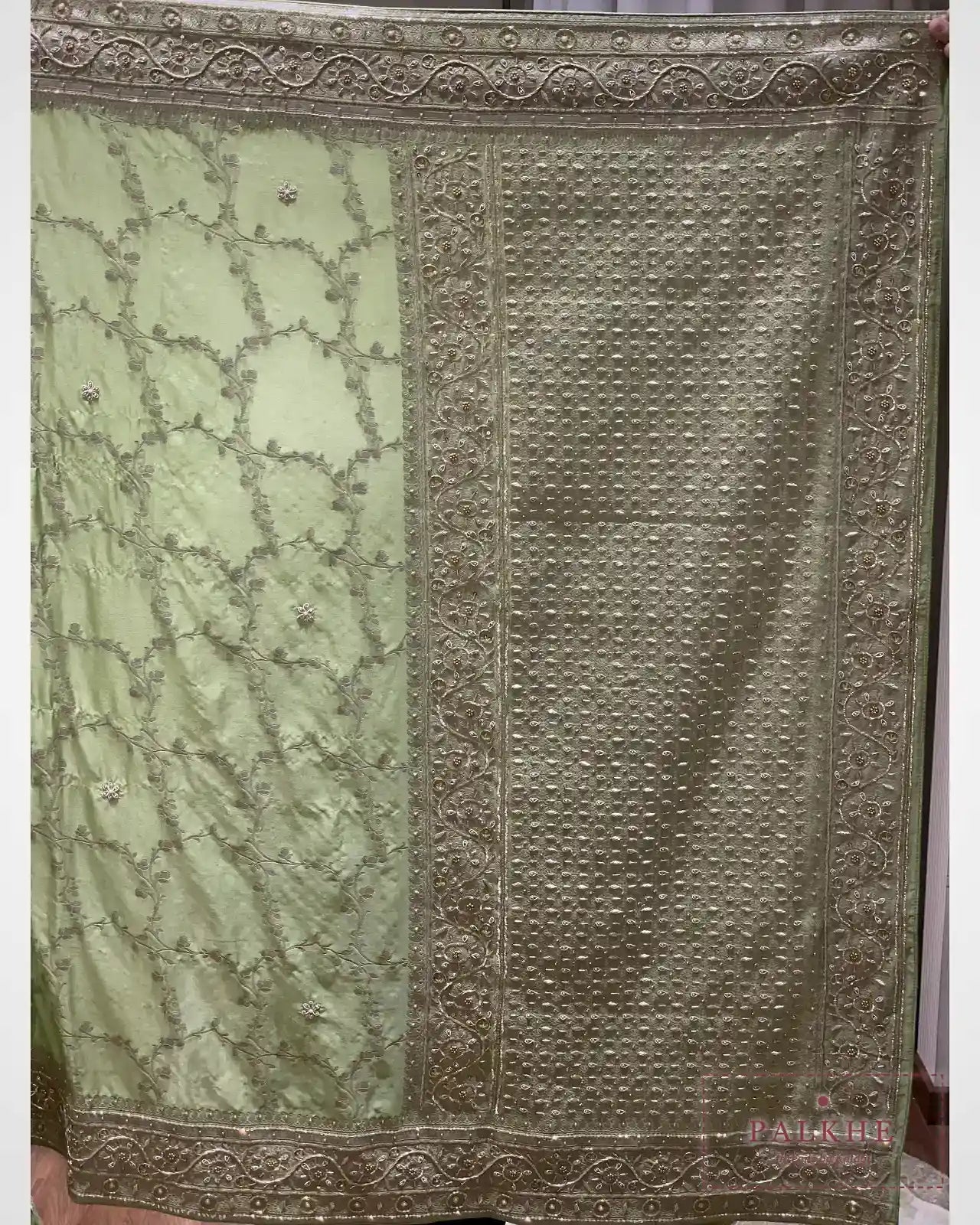 Pastel Green Satin Silk Banarasi x Hand Embroidery