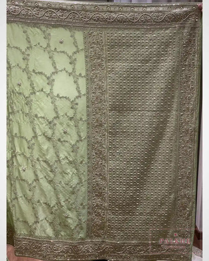 Pastel Green Satin Silk Banarasi x Hand Embroidery