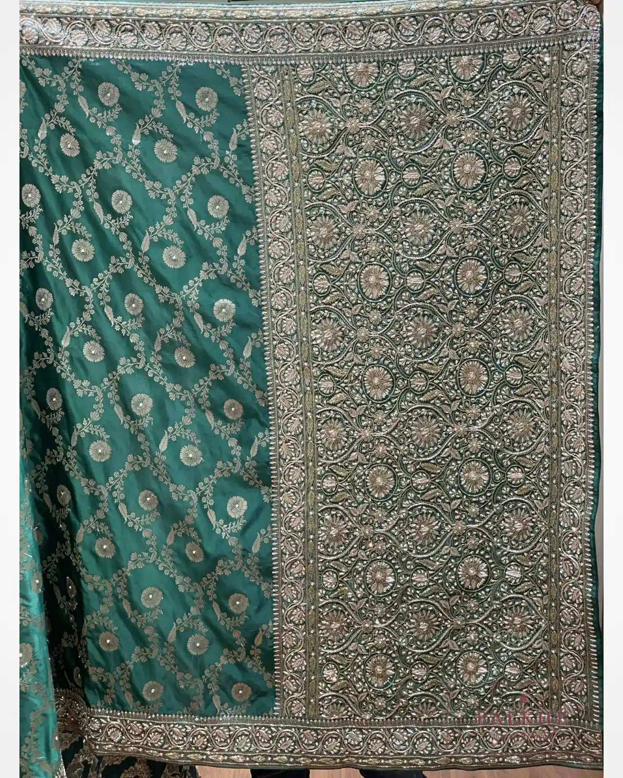 Bottle Green Floral Jaal Semi Silk Banarasi x Hand Embroidery