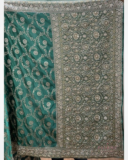 Bottle Green Floral Jaal Semi Silk Banarasi x Hand Embroidery