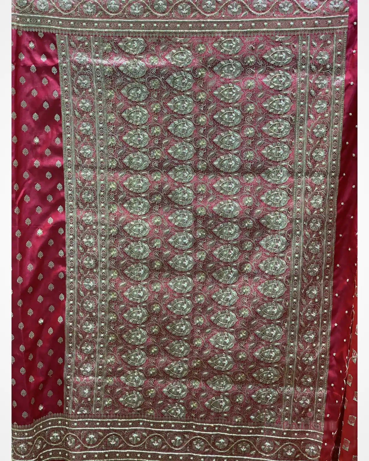 Rani Pink Buttis Semi Silk Banarasi x Hand Embroidery