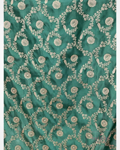 Bottle Green Floral Jaal Semi Silk Banarasi x Hand Embroidery