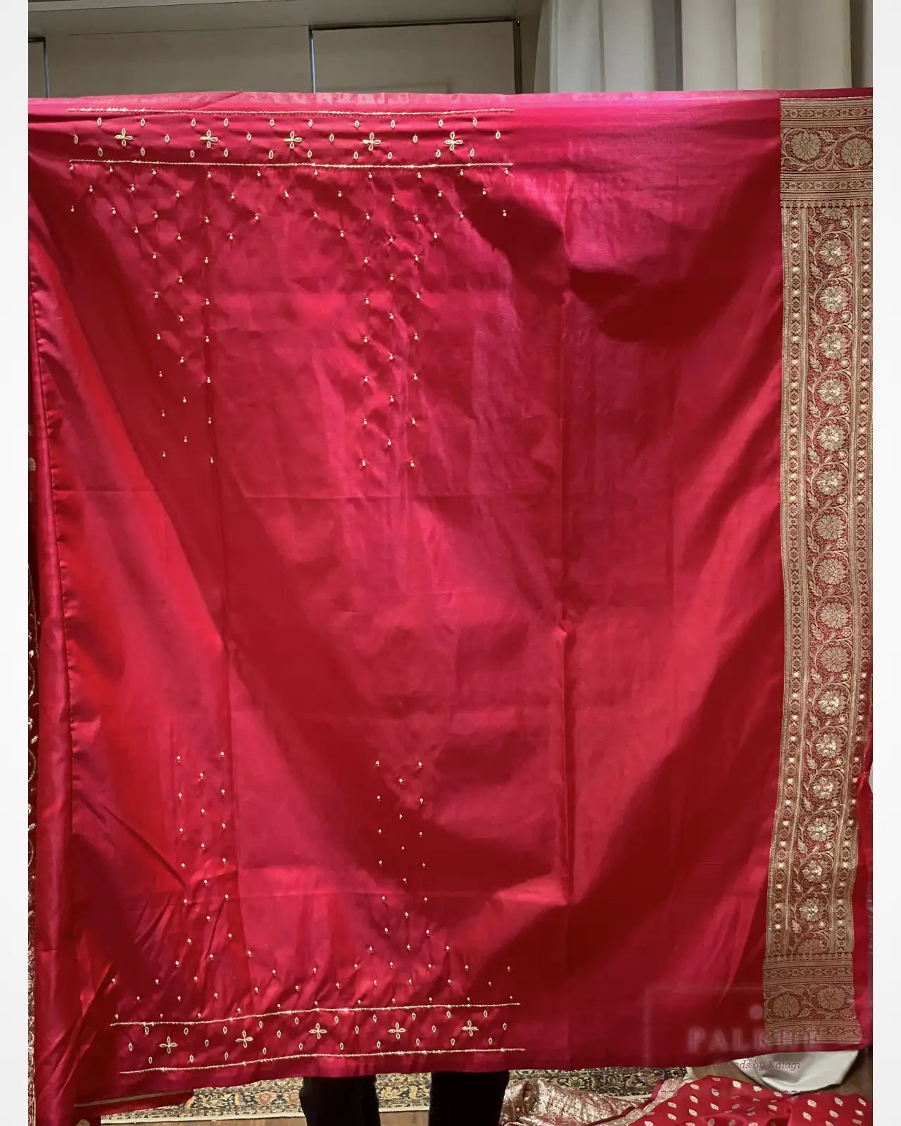 Rani Pink Buttis Semi Silk Banarasi x Hand Embroidery