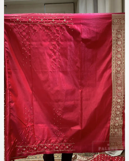 Rani Pink Buttis Semi Silk Banarasi x Hand Embroidery