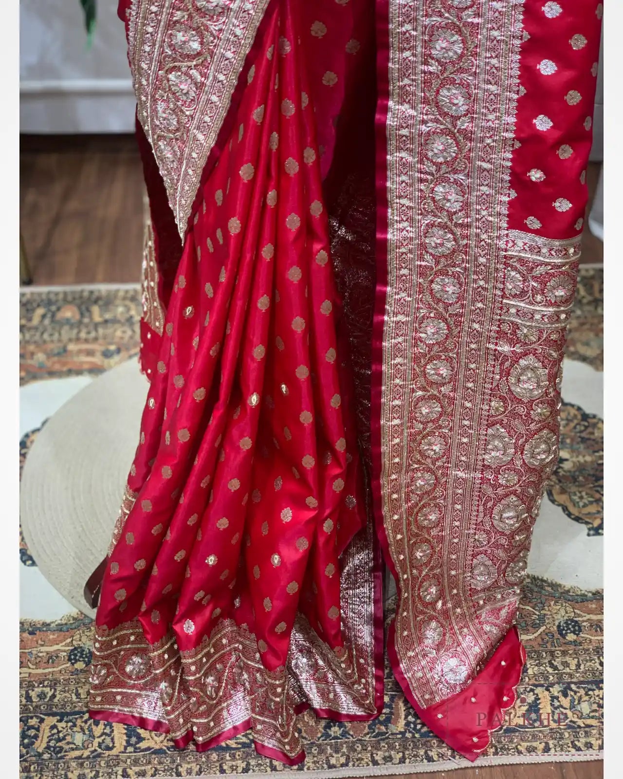 Rani Pink Buttis Semi Silk Banarasi x Hand Embroidery