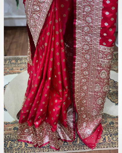 Rani Pink Buttis Semi Silk Banarasi x Hand Embroidery