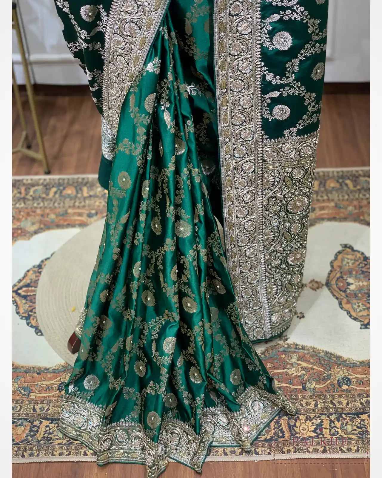Bottle Green Floral Jaal Semi Silk Banarasi x Hand Embroidery