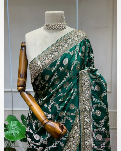 Bottle Green Floral Jaal Semi Silk Banarasi x Hand Embroidery
