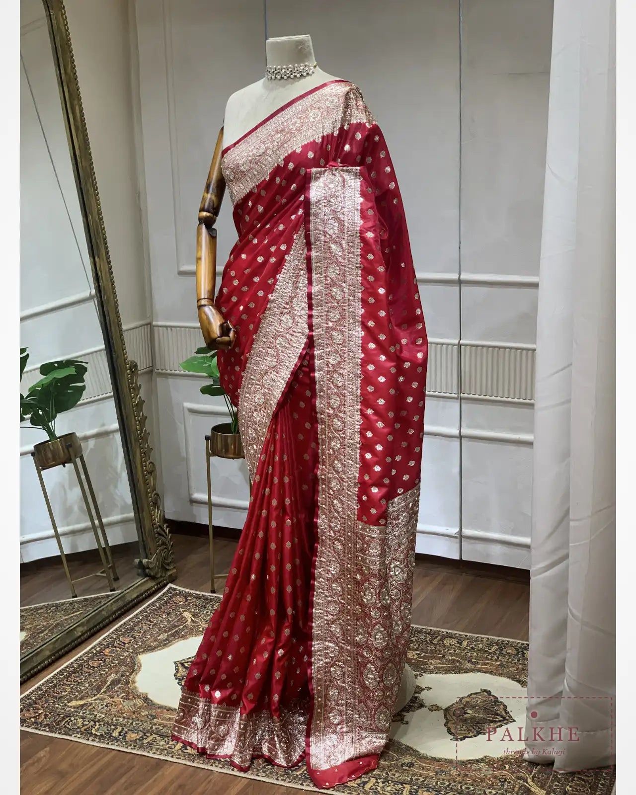 Rani Pink Buttis Semi Silk Banarasi x Hand Embroidery