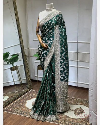 Bottle Green Floral Jaal Semi Silk Banarasi x Hand Embroidery