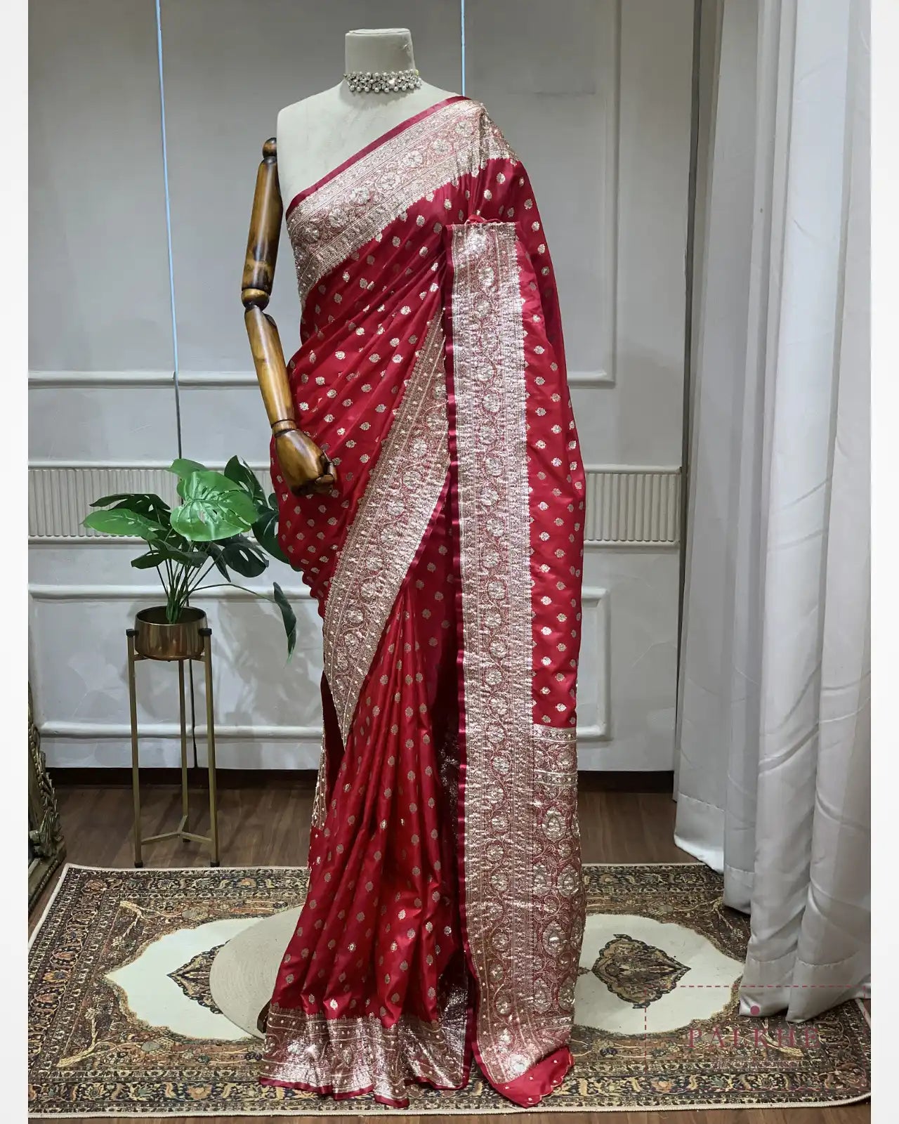 Rani Pink Buttis Semi Silk Banarasi x Hand Embroidery