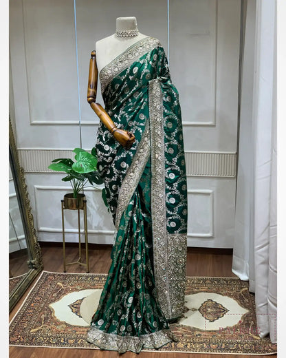 Bottle Green Floral Jaal Semi Silk Banarasi x Hand Embroidery