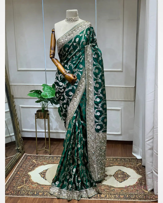 Bottle Green Floral Jaal Semi Silk Banarasi x Hand Embroidery