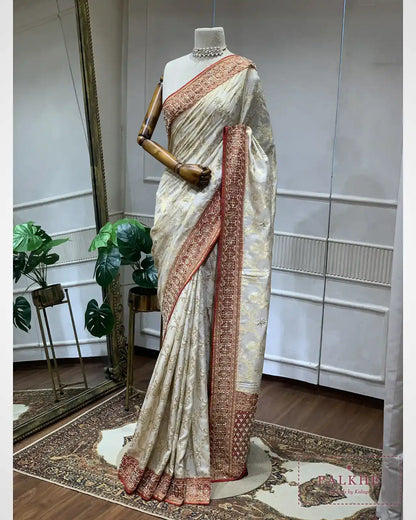 Ivory Floral Jaal Woven Silk Banarasi x Hand Embroidery