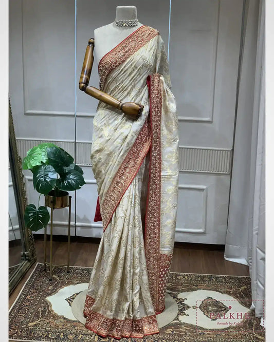 Ivory Floral Jaal Woven Silk Banarasi x Hand Embroidery
