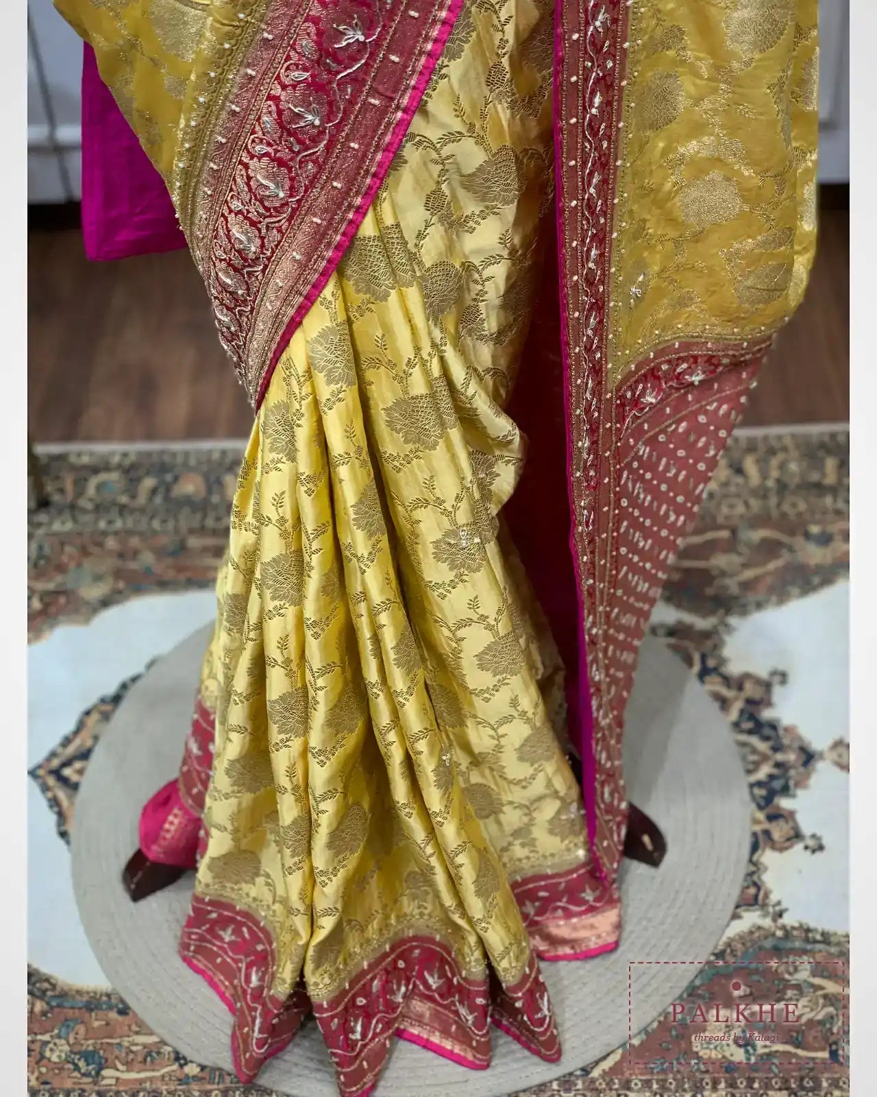 Mustard Yellow Floral Jaal Silk Banarasi x Hand Embroidery