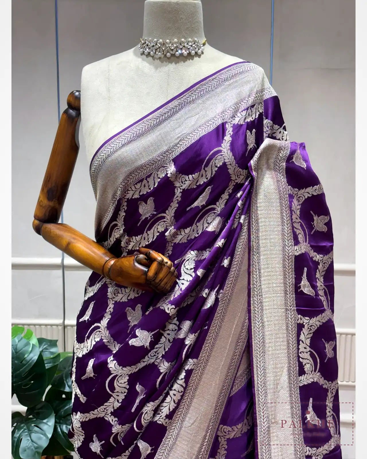 Purple Banarasi Bird Motifs in Pure Silk
