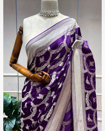 Purple Banarasi Bird Motifs in Pure Silk