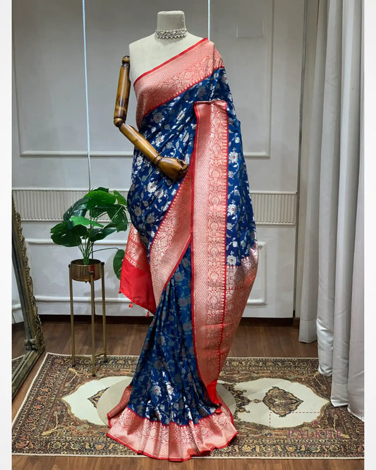 Royal Blue Banarasi Floral Jaal in Pure Silk