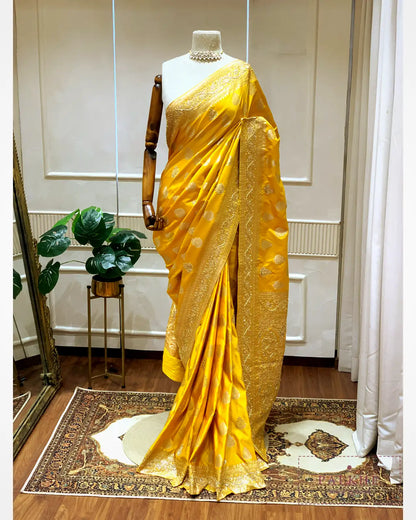 Mustard Yellow Pure Silk Banarasi x Hand Embroidered