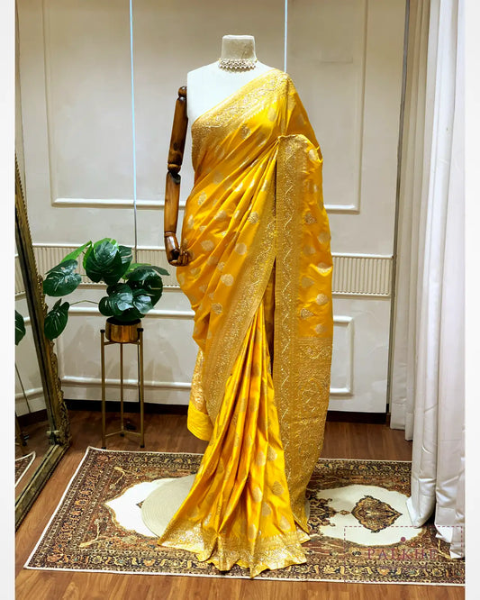 Mustard Yellow Pure Silk Banarasi x Hand Embroidered