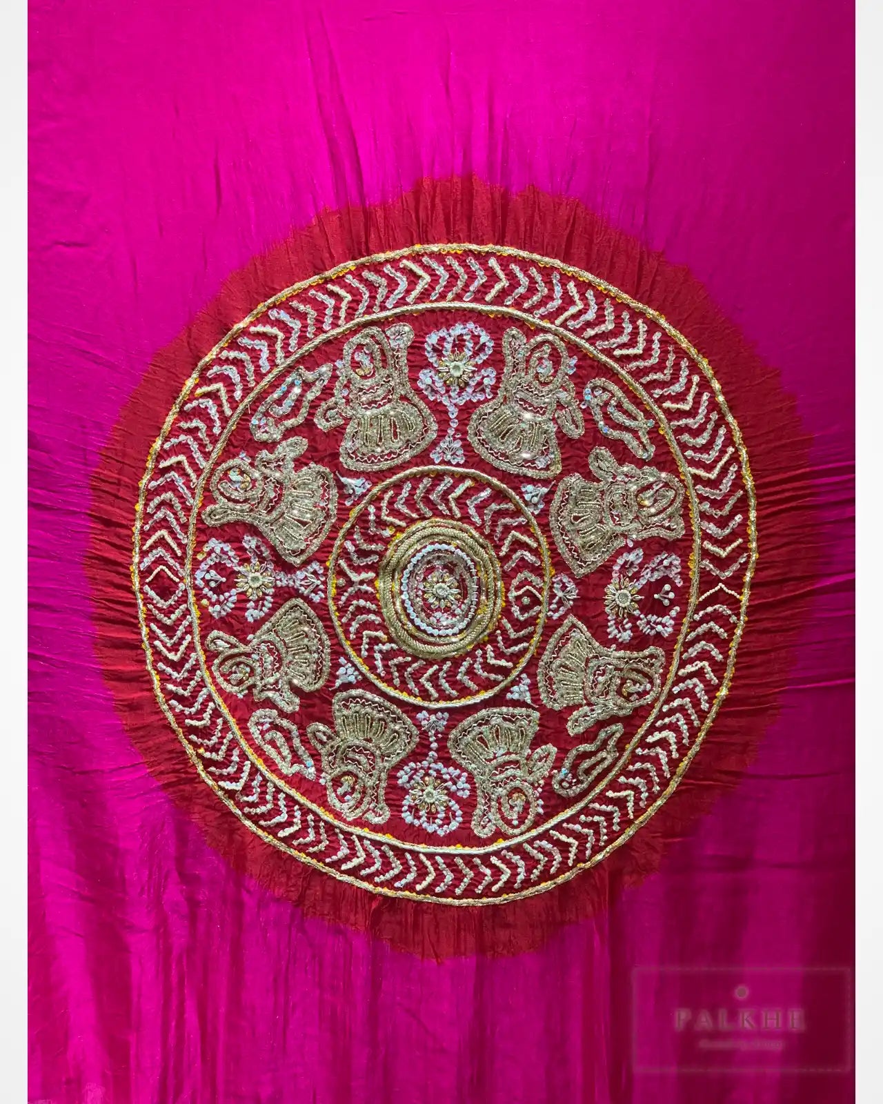 Red and Magenta Pure Gajji Silk Bandhej x Hand Embroidery