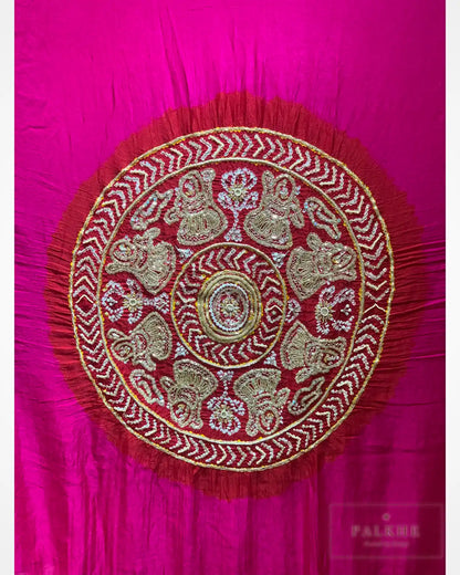 Red and Magenta Pure Gajji Silk Bandhej x Hand Embroidery