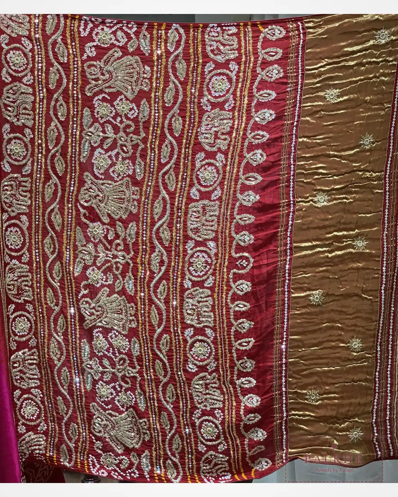 Red and Magenta Pure Gajji Silk Bandhej x Hand Embroidery