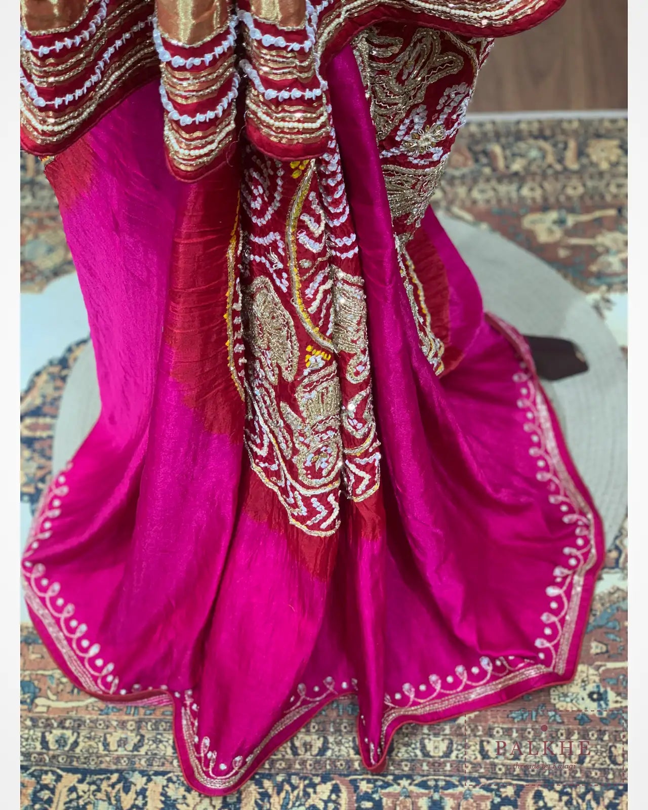 Red and Magenta Pure Gajji Silk Bandhej x Hand Embroidery