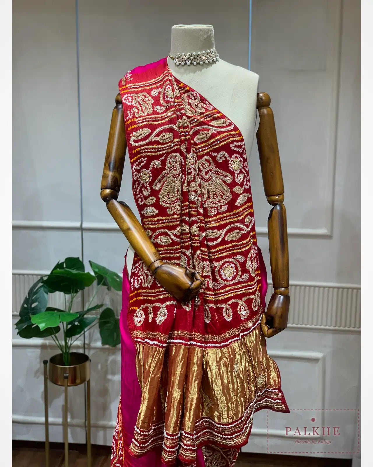 Red and Magenta Pure Gajji Silk Bandhej x Hand Embroidery
