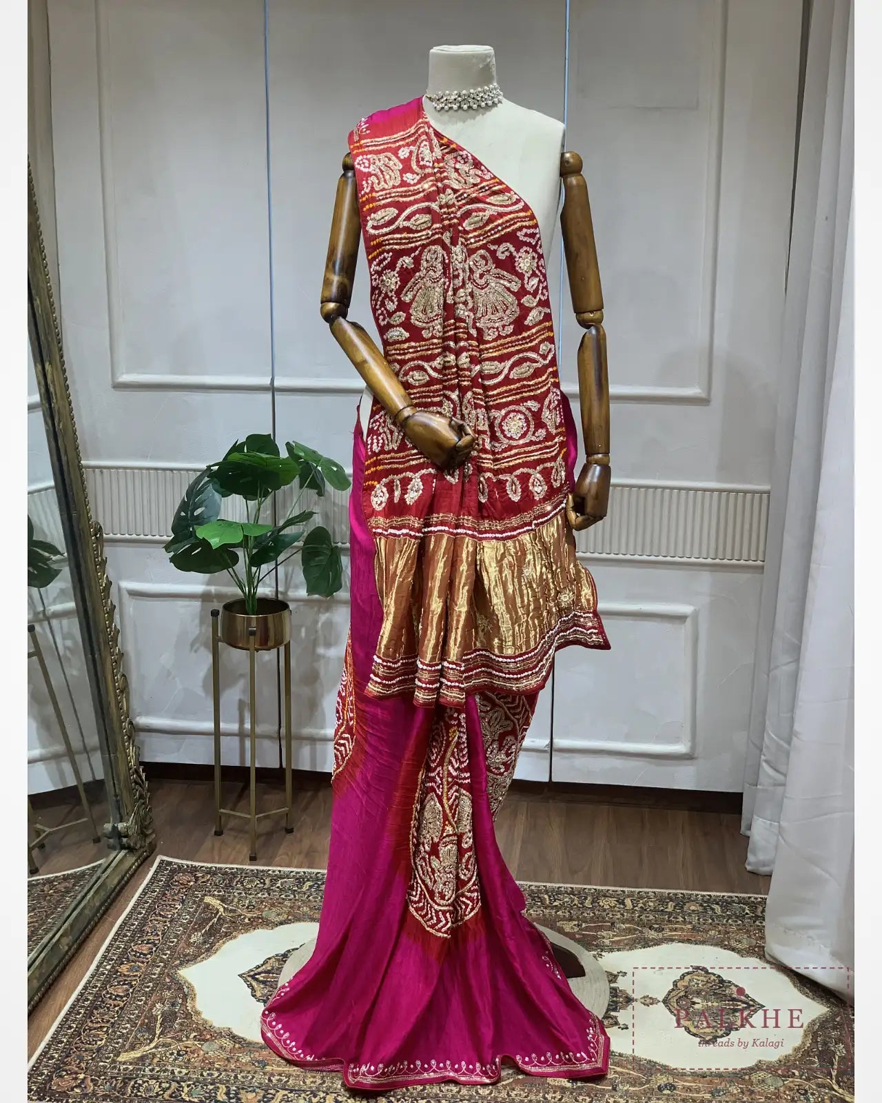 Red and Magenta Pure Gajji Silk Bandhej x Hand Embroidery