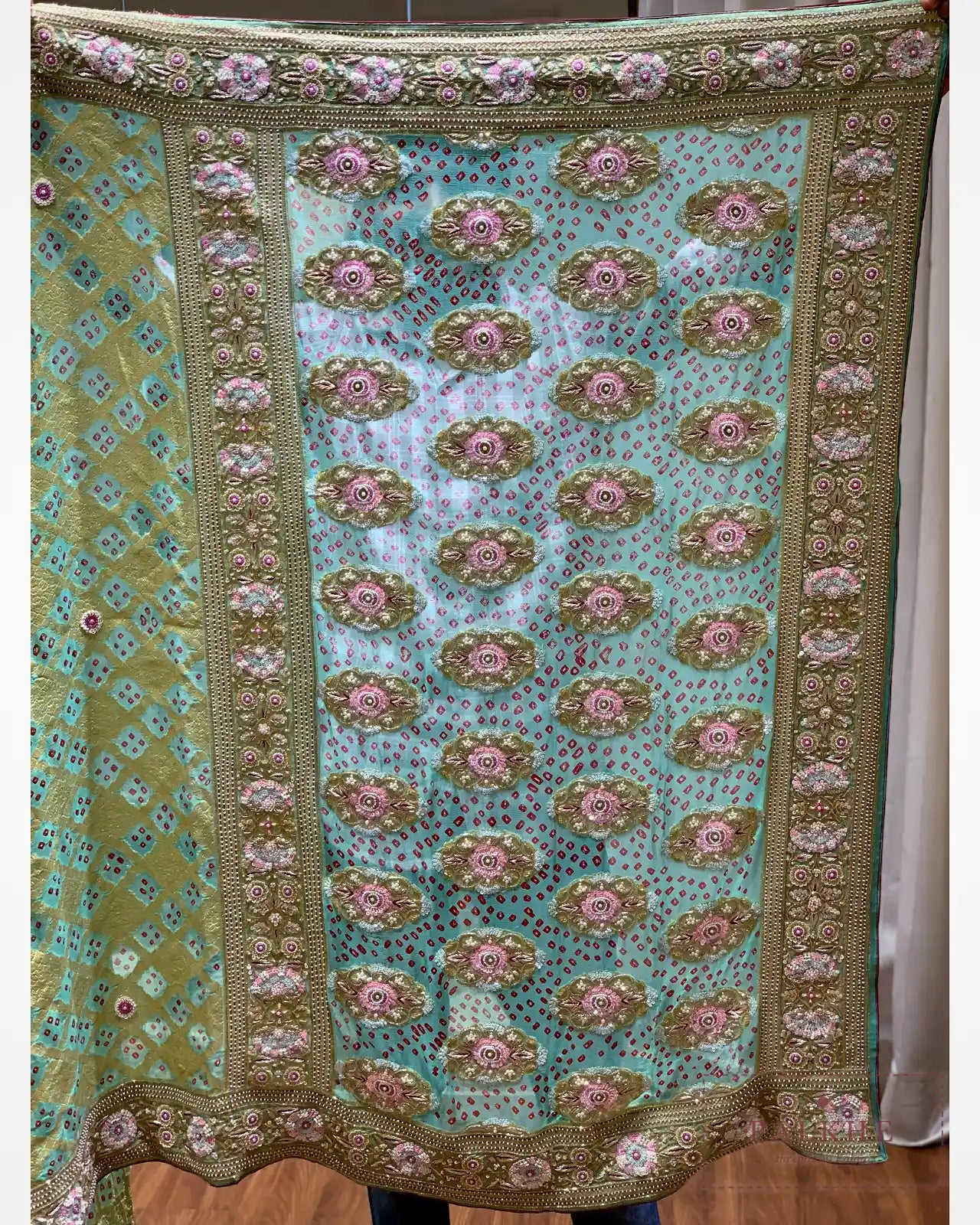 Olive Green Pure Georgette Bandhej x Hand Embroidery