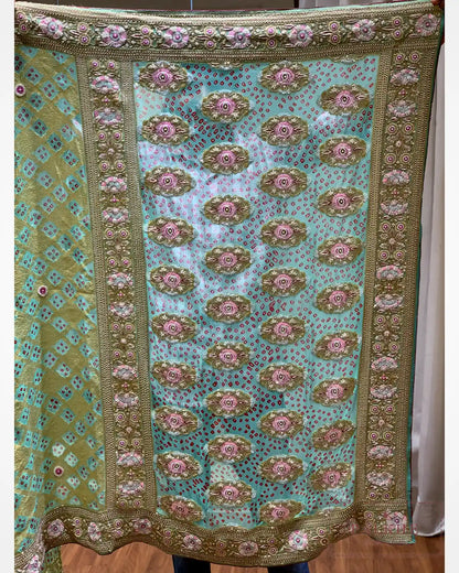 Olive Green Pure Georgette Bandhej x Hand Embroidery
