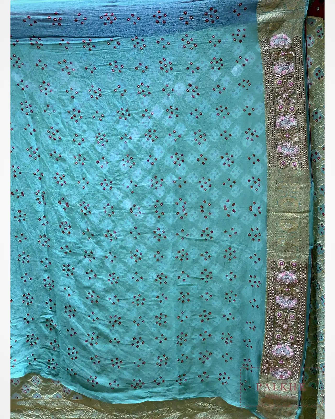 Olive Green Pure Georgette Bandhej x Hand Embroidery