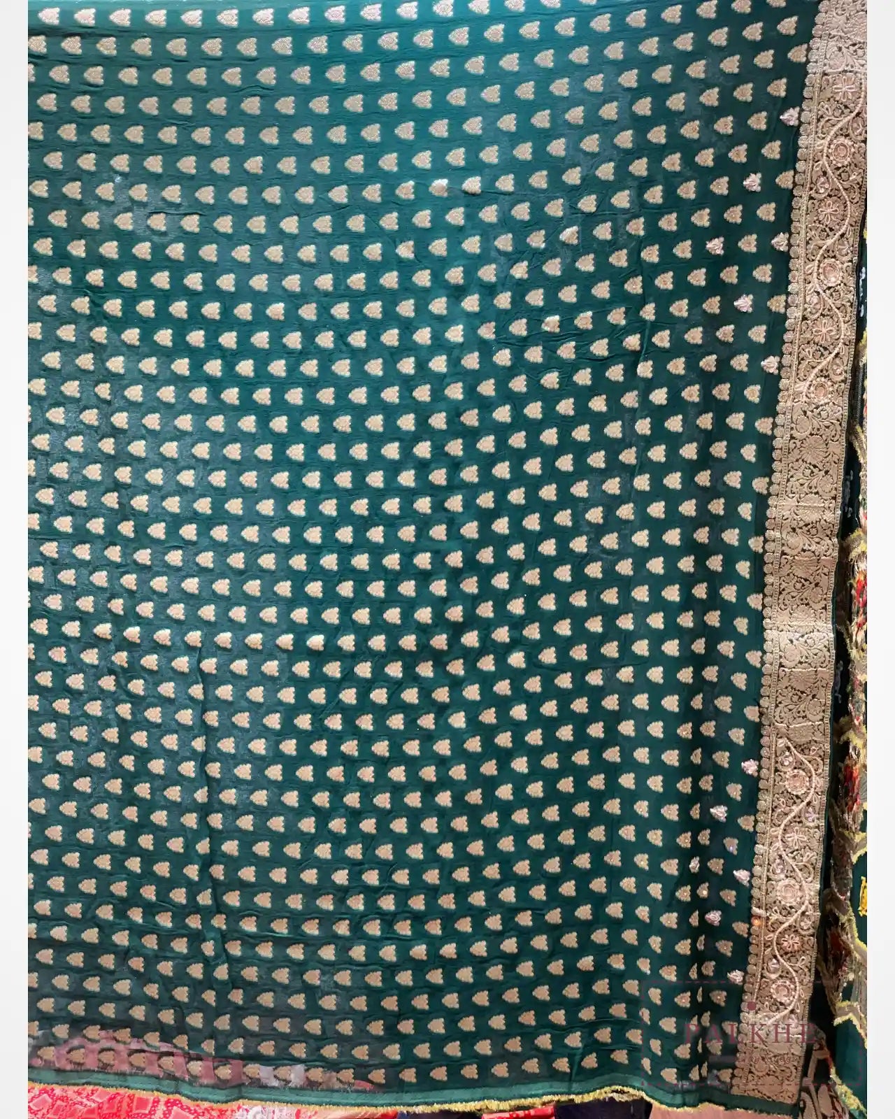 Bottle Green Georgette Bandhej x Hand Embroidery