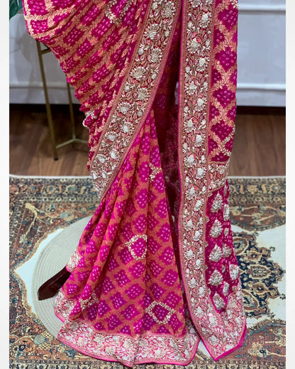 Pink Pure Georgette Bandhej x Hand Embroidery