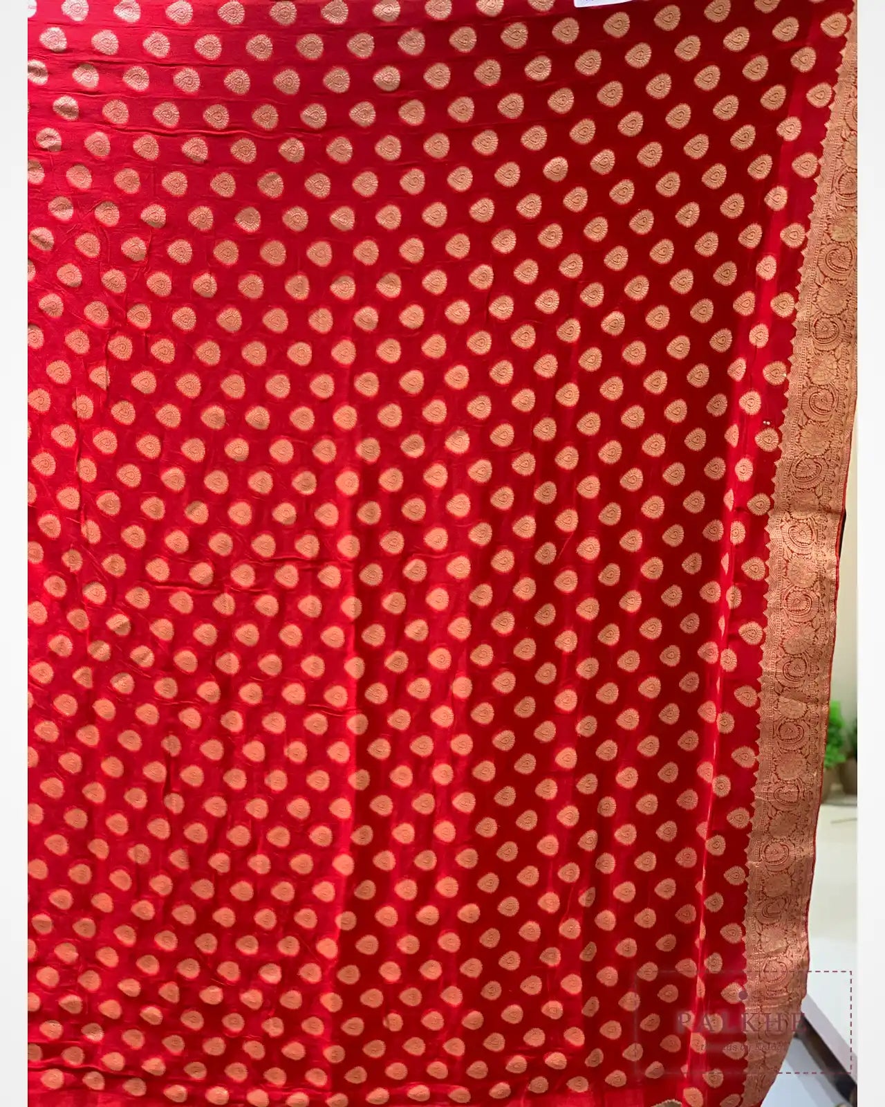 Red geometric Georgette Bandhej x Hand Embroidery