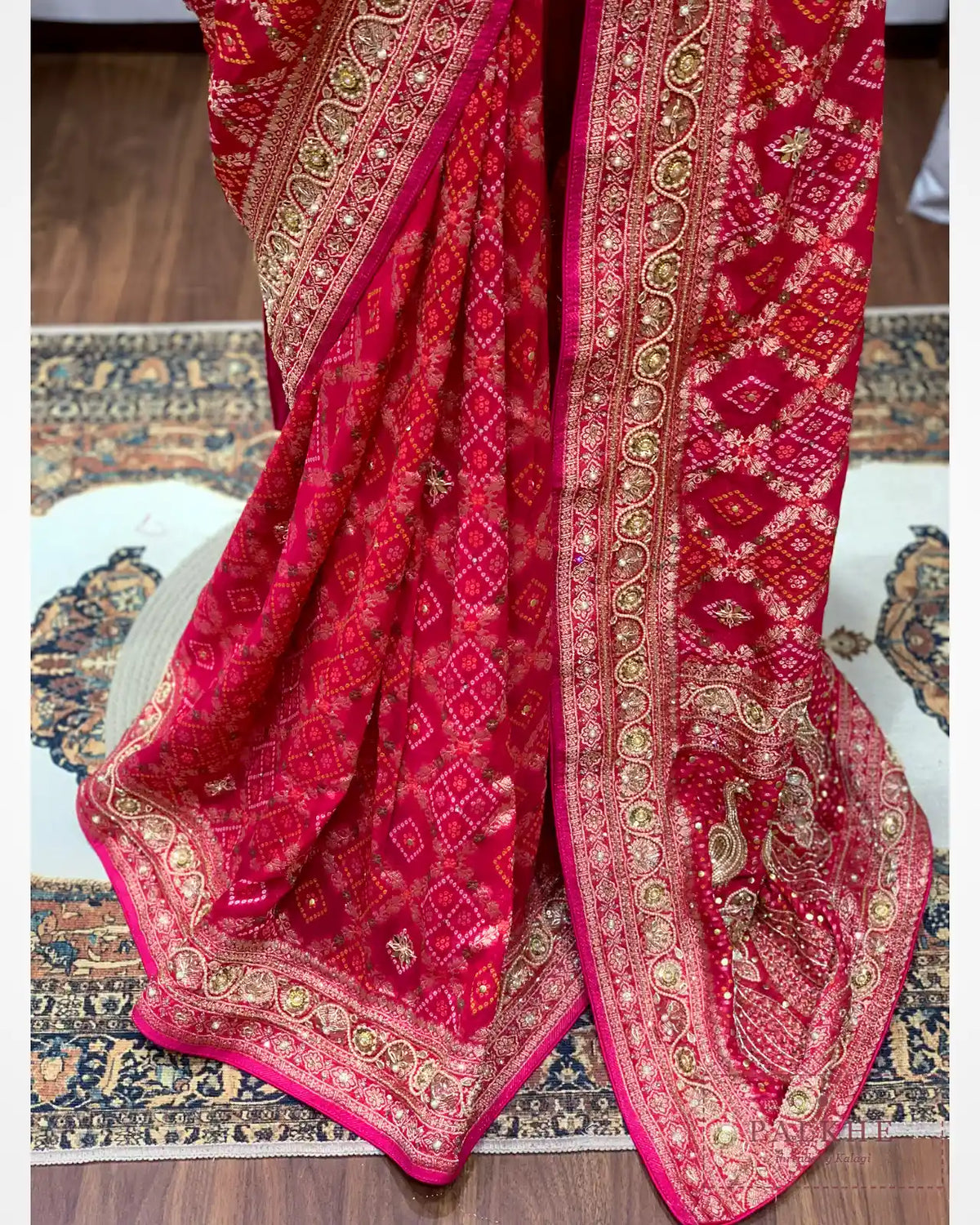 Rani Pink Pure Georgette Bandhej x Hand Embroidery