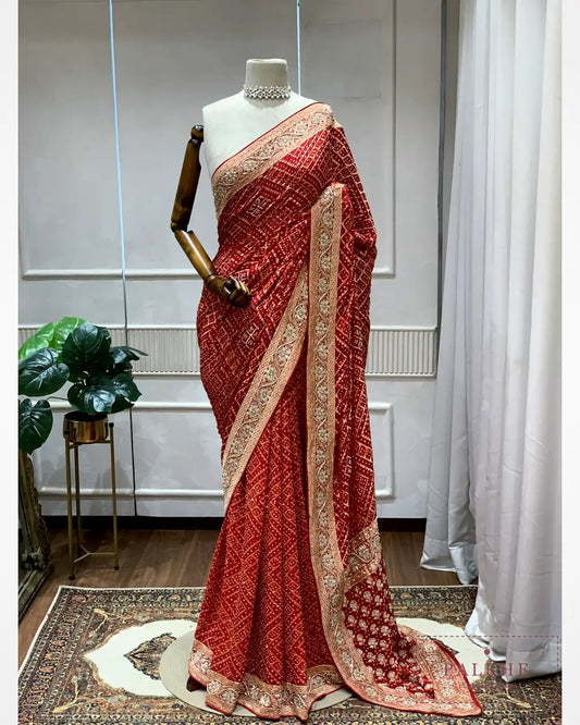Cherry Red Georgette Bandhej x Hand Embroidery