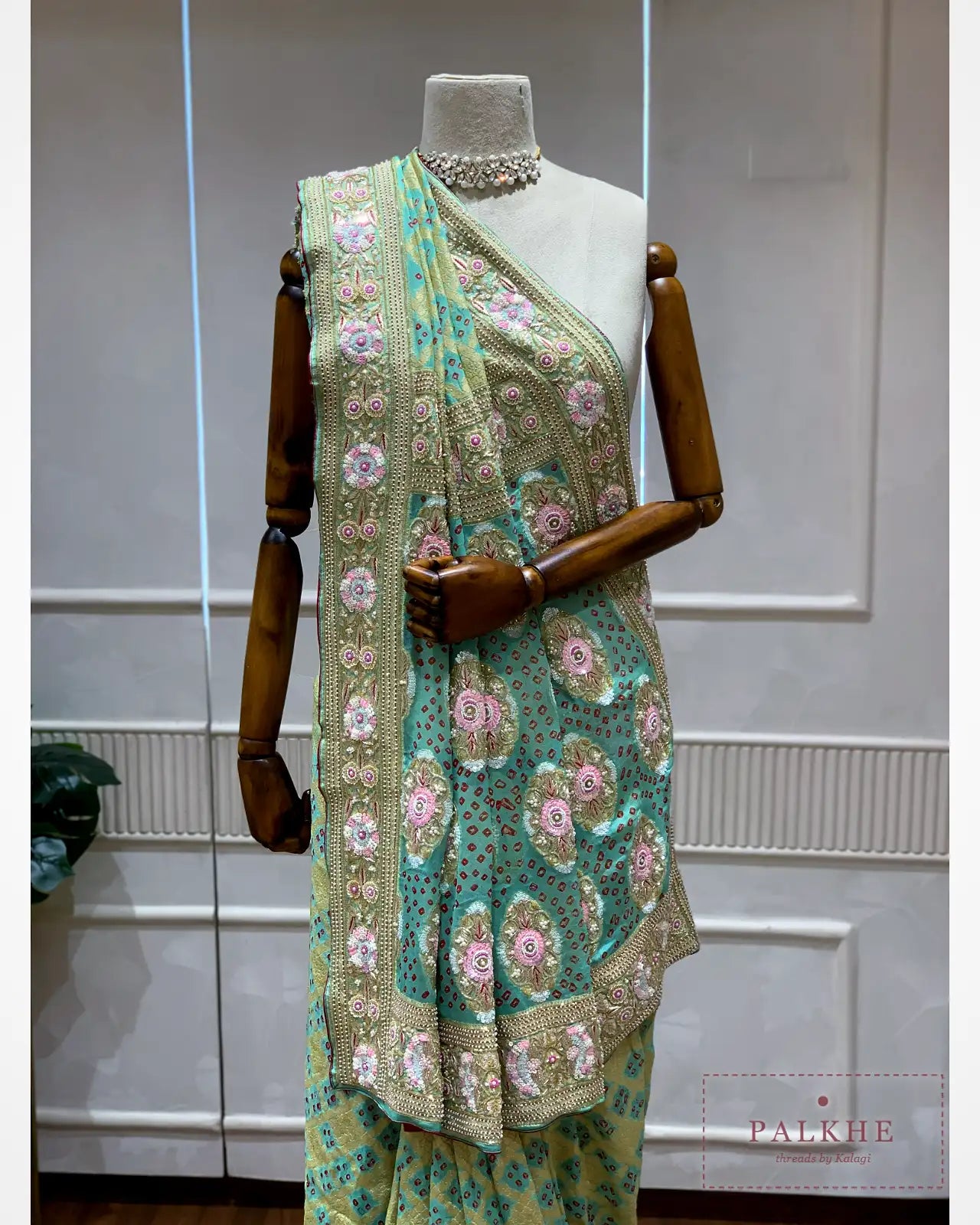 Olive Green Pure Georgette Bandhej x Hand Embroidery