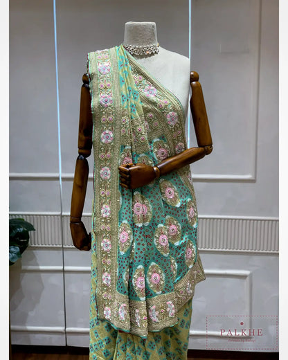 Olive Green Pure Georgette Bandhej x Hand Embroidery