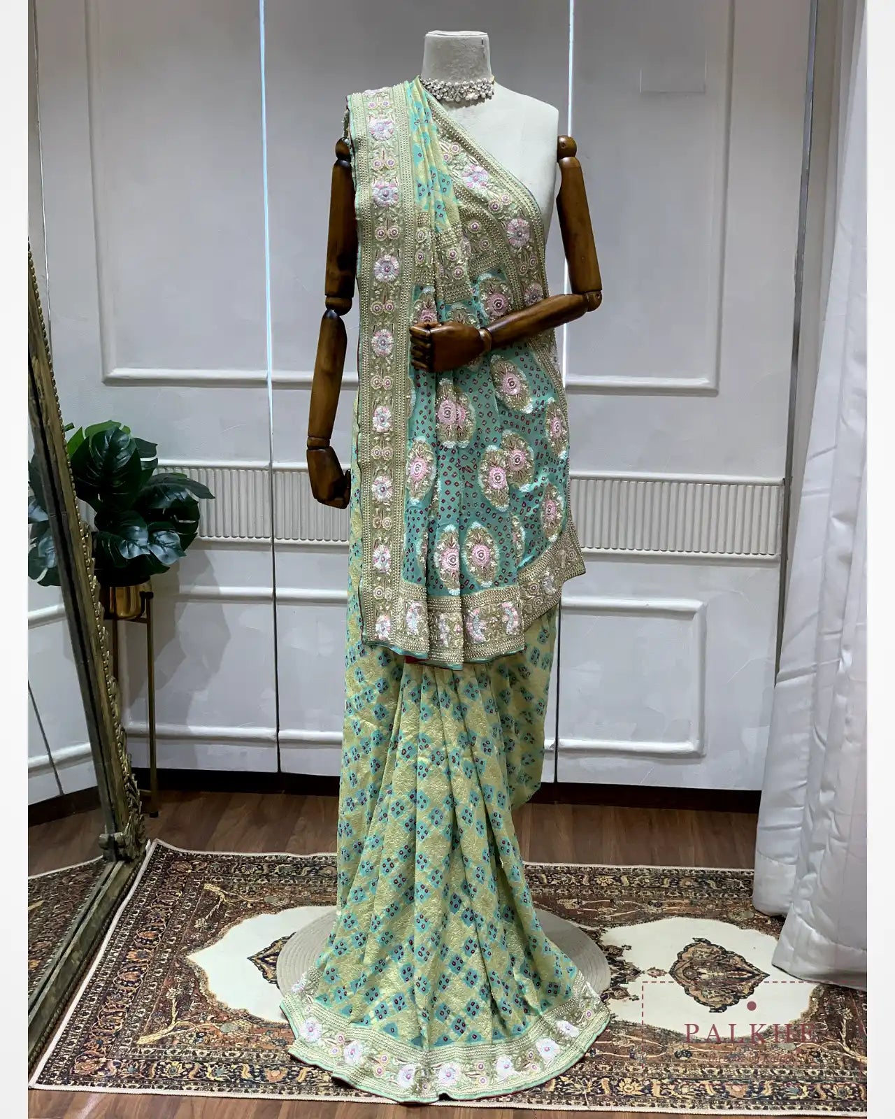 Olive Green Pure Georgette Bandhej x Hand Embroidery