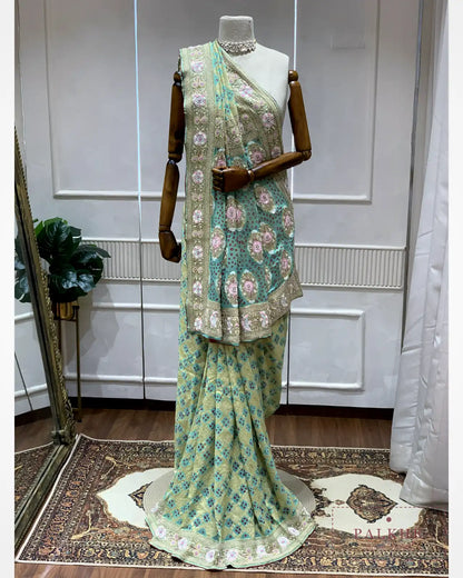 Olive Green Pure Georgette Bandhej x Hand Embroidery