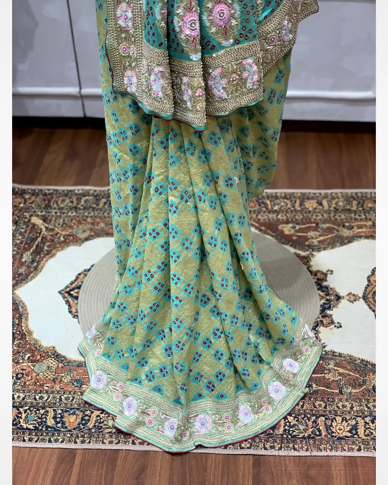 Olive Green Pure Georgette Bandhej x Hand Embroidery