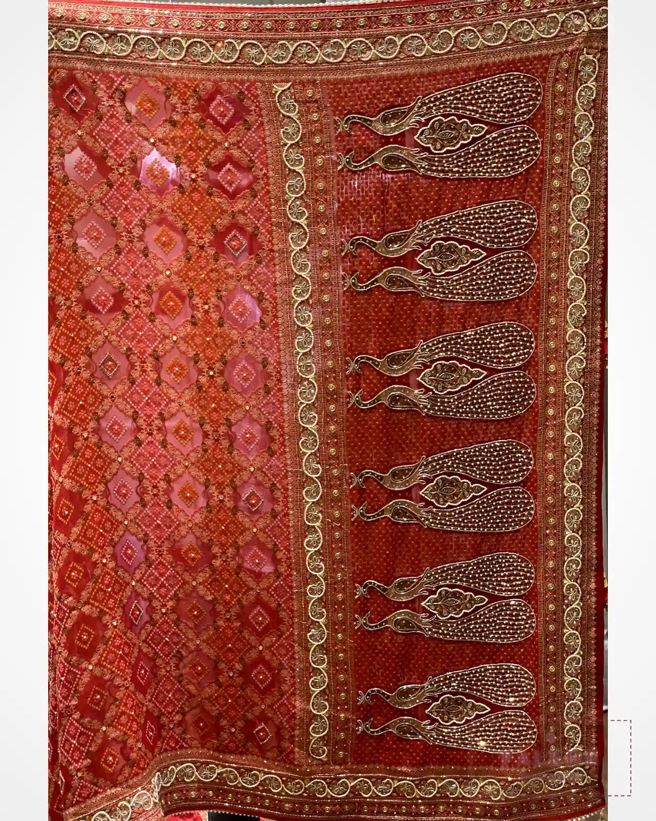 Red Pure Georgette Bandhej x Hand Embroidery