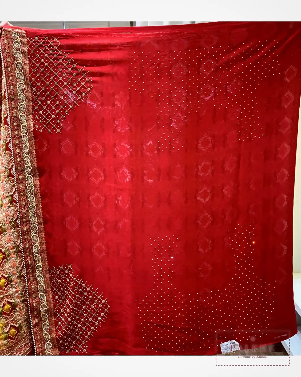 Red Pure Georgette Bandhej x Hand Embroidery
