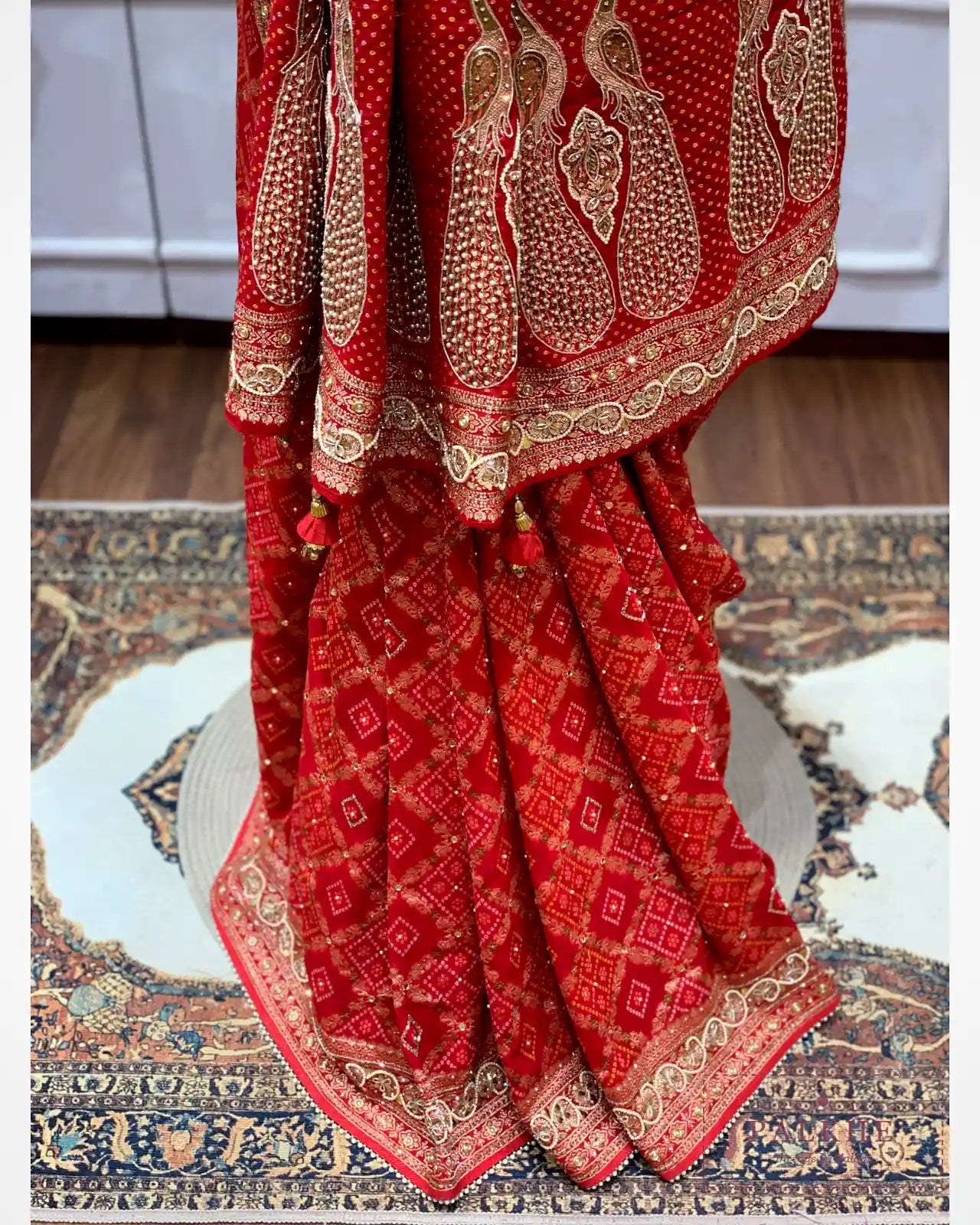 Red Pure Georgette Bandhej x Hand Embroidery